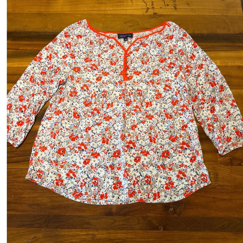 Jones New York Signature Floral Blouse Red Blue White Button Neck Top Large